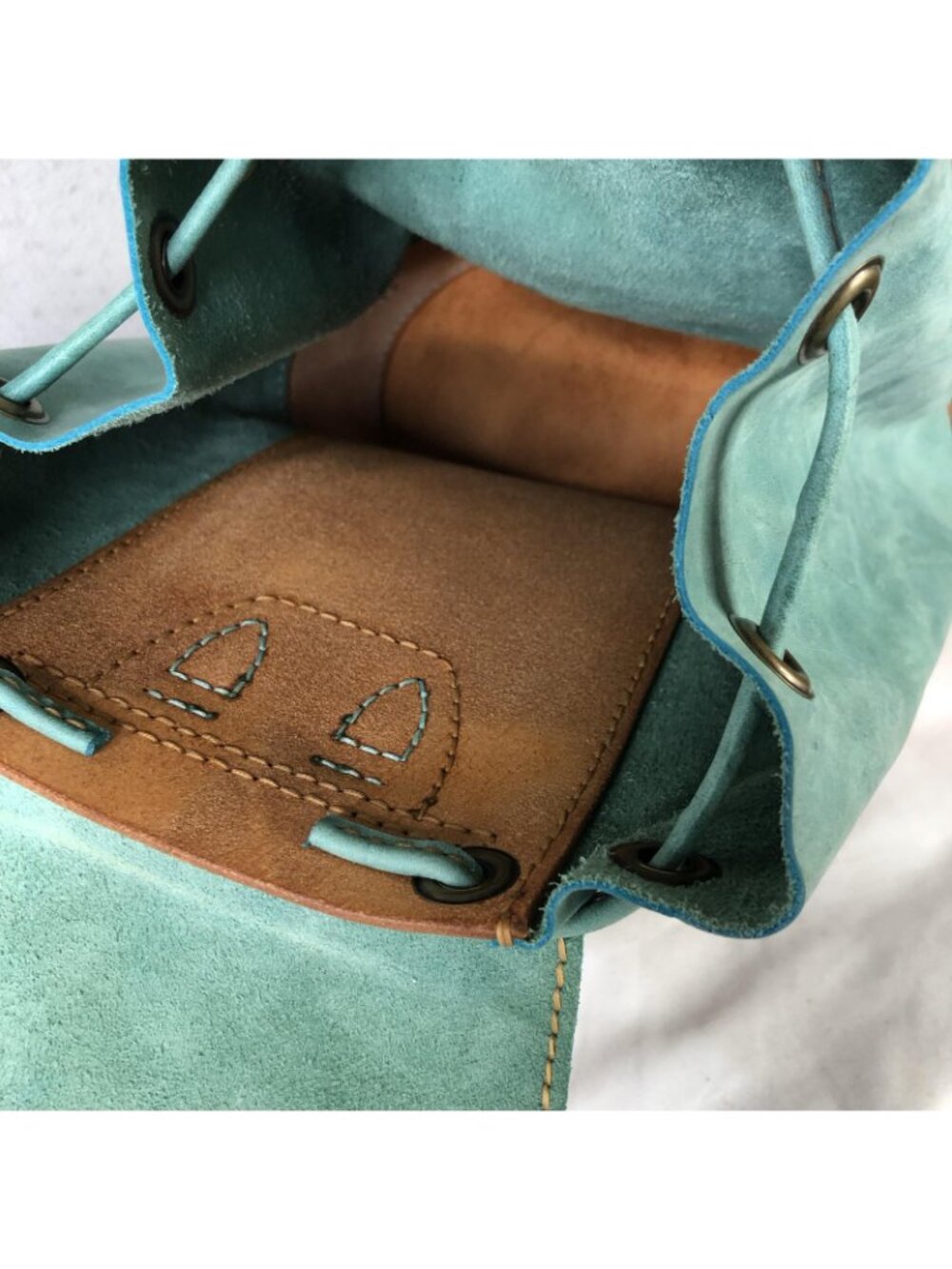 Bespoke Backpack Bag Womens Small Turquoise Brown Leather Boho Drawstring Casual - Picture 7 of 16